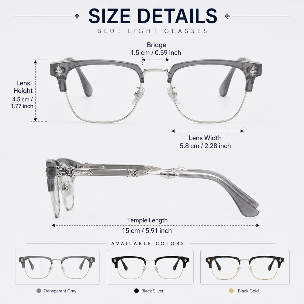 Vintage Blaulichtfilter-Brille mit Kreuzgravur für Männer und Frauen, Luxuriöse Halbrand-Quadratbrille, Retro-Computer-Gaming-Brille – Detail 4