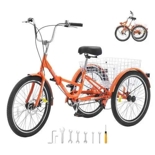 Lightweight 24 Folding Adult Tricycle - Aluminum 3-Wheel Cruiser with Large Rear Basket, Ideal for Shopping & Picnics, Seniors &