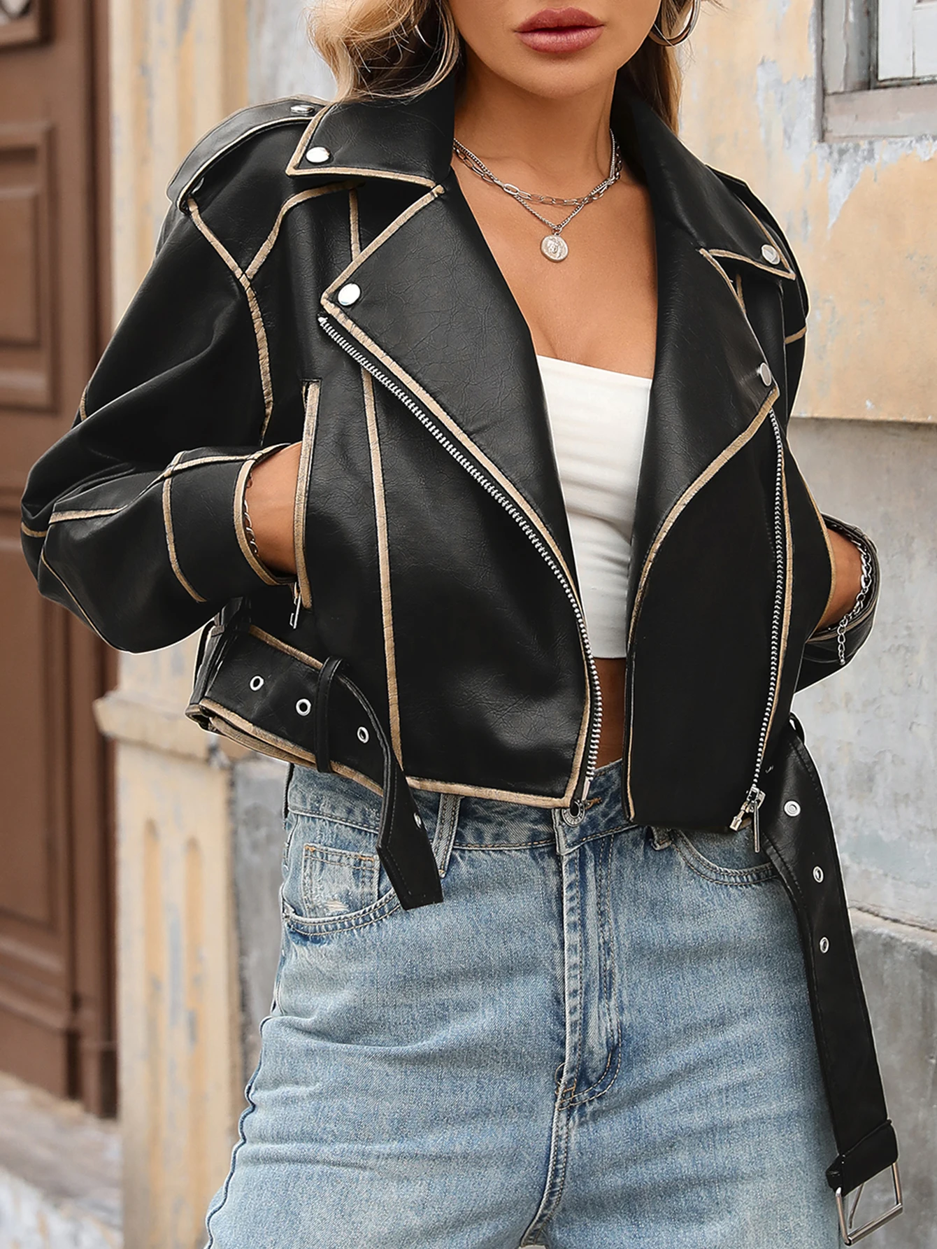 Fitaylor jaqueta feminina de couro sintético pu, casaco de motocicleta de rua alta, casual, lapela, zíper, jaqueta curta de couro