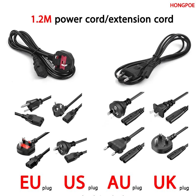 1.2M AC Power Cord with C13/C7 Connectors, EU/US/AU/UK Plugs, a Brand New Replacement Power Cord for TVs / Monitors / Computers.