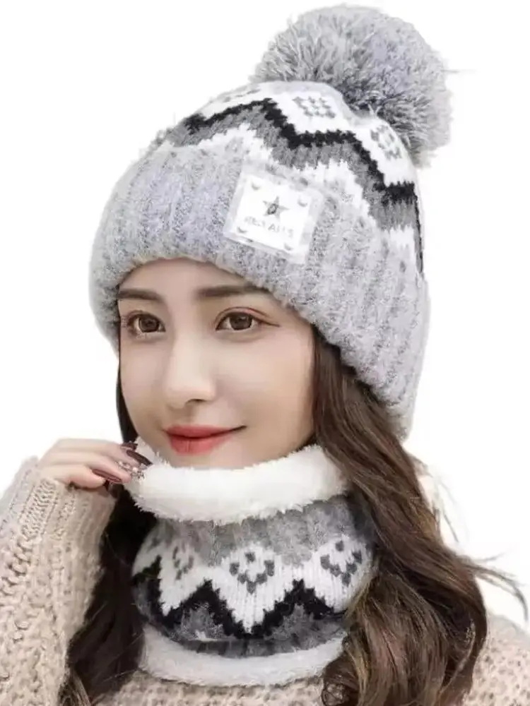 AliExpress NONE 2PCS Winter Women Plush Velvet Hats Neck Warmer Hat Scarf Set Beanies Cycling Windproof Hat Outdoor Ear Protection