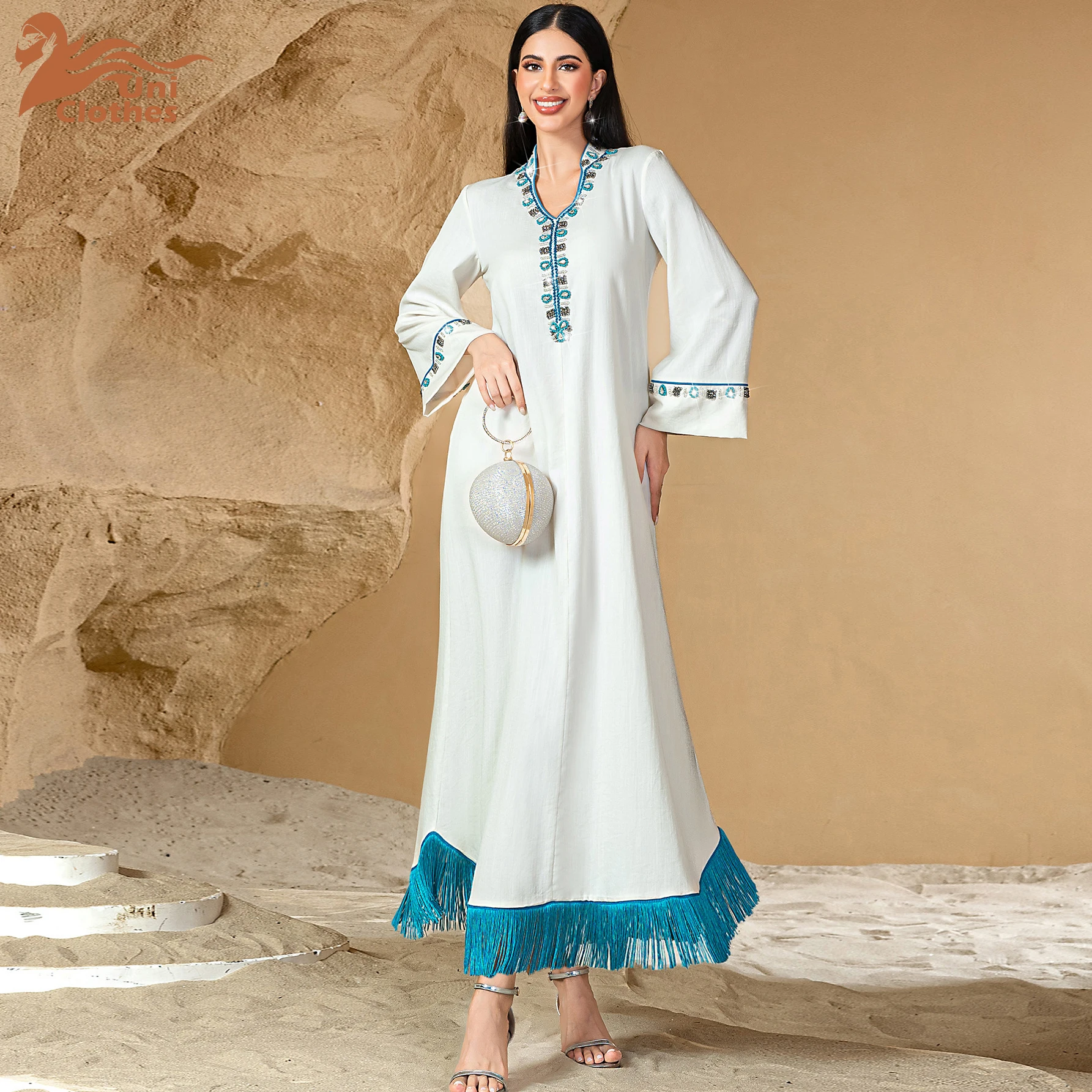 

UNI Dubai Beaded Tassels Abaya Women Muslim Dress Turkey Islam Jalabiya Party Dresses Musulmane Femme Vestidos