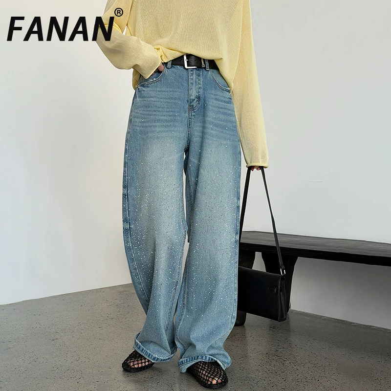 

FANAN Diamond Design Washed Jeans For Women High Waist Straight Wide Leg Denim Pants Office Lady Clothing 2026 Spring New
