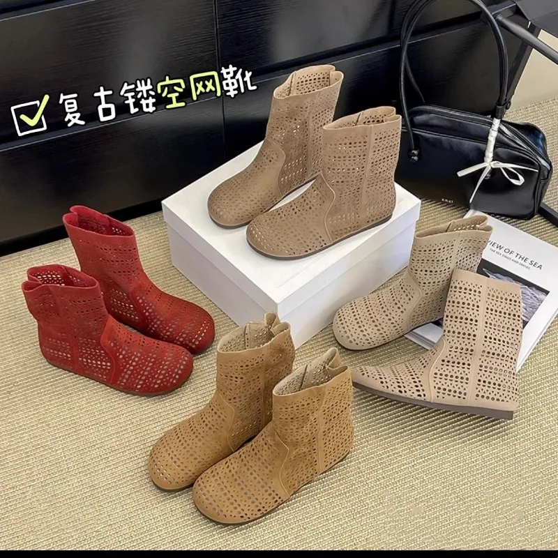 

Женские ботинки на плоской подошве, дизайнерские ботильоны, новинка лета 2025, модные крутые женские ботинки на полой подошве, дышащие Zapatos De Mujer