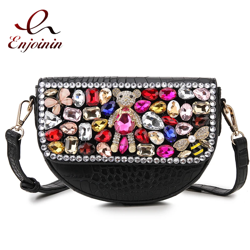 Colorful Rhinestone Purses and Handbags for Women Designer Half Moon Purses Party Clutch Chic Shouder Bag Cross Body Pu Leather