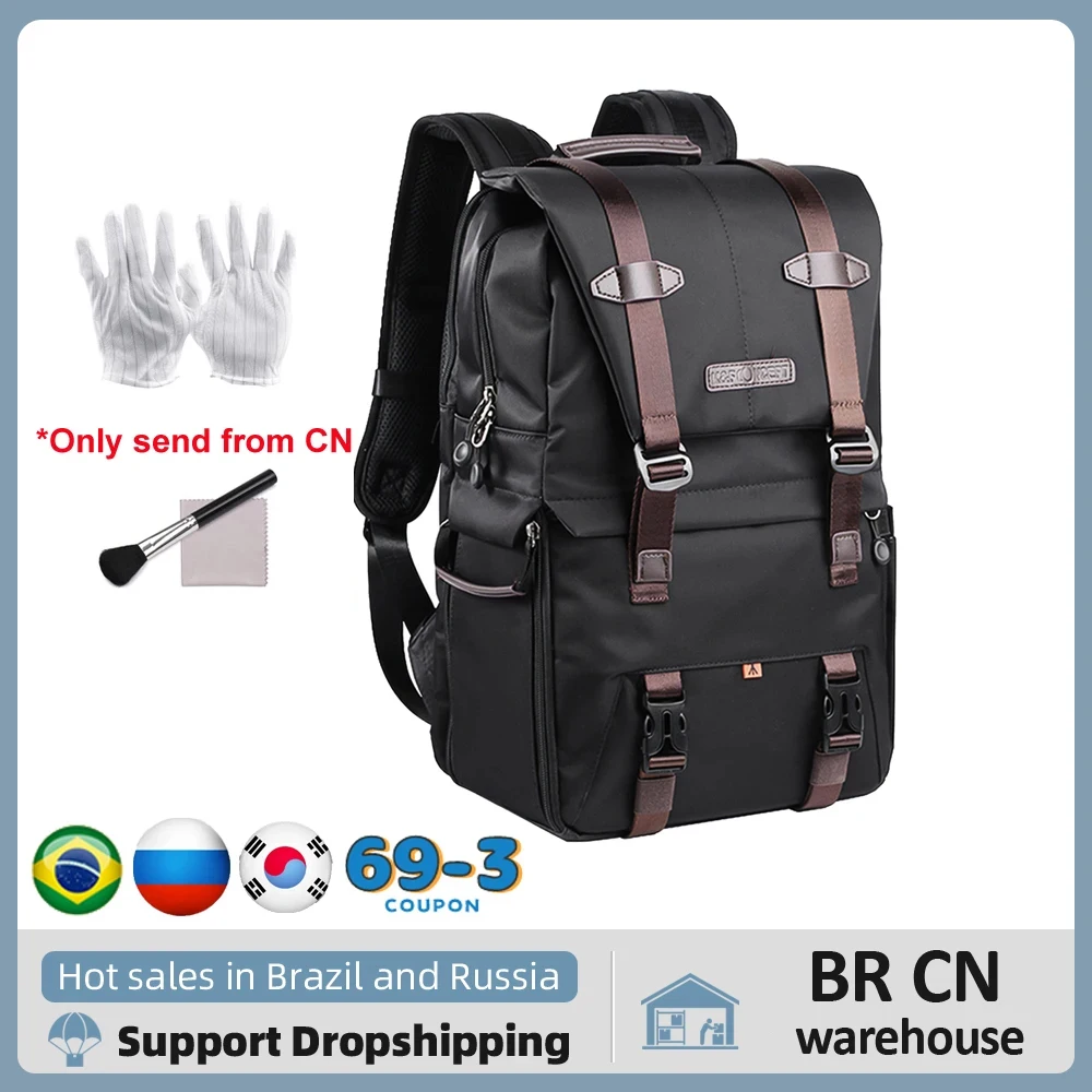 K&F CONCEPT Camera Backpack Photography Storager Bag for 15.6in Laptop with Rainproof Cover Tripod Catch Straps for SLR DSLR