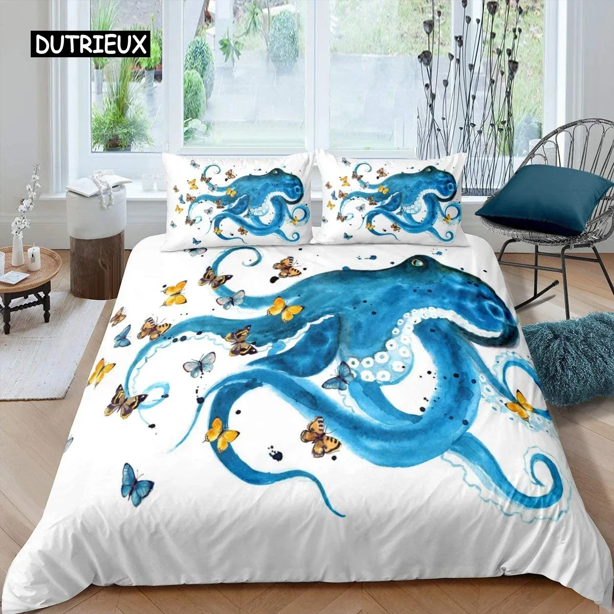 Octopus Duvet Cover Set Teal Blue Octopus Tentacles Twin Bedding Set Sealife Ocean Sea Animal Queen King Polyester Quilt Cover