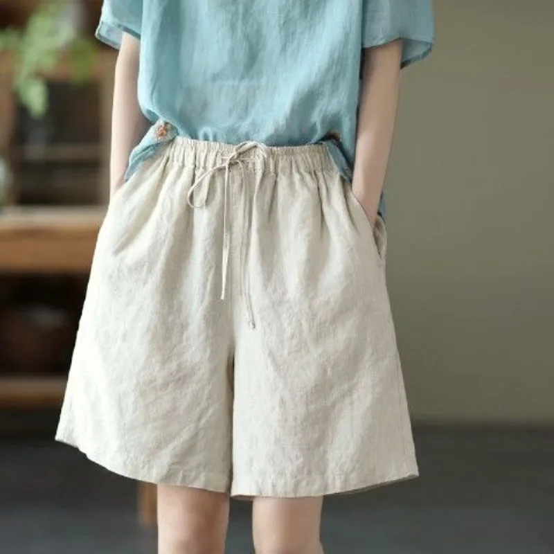 2024 Minimalist Fashion Solid Color Pocket Elastic Lace Up Women's Summer Cotton Hemp Elegance Casual Loose Straight Leg Shorts