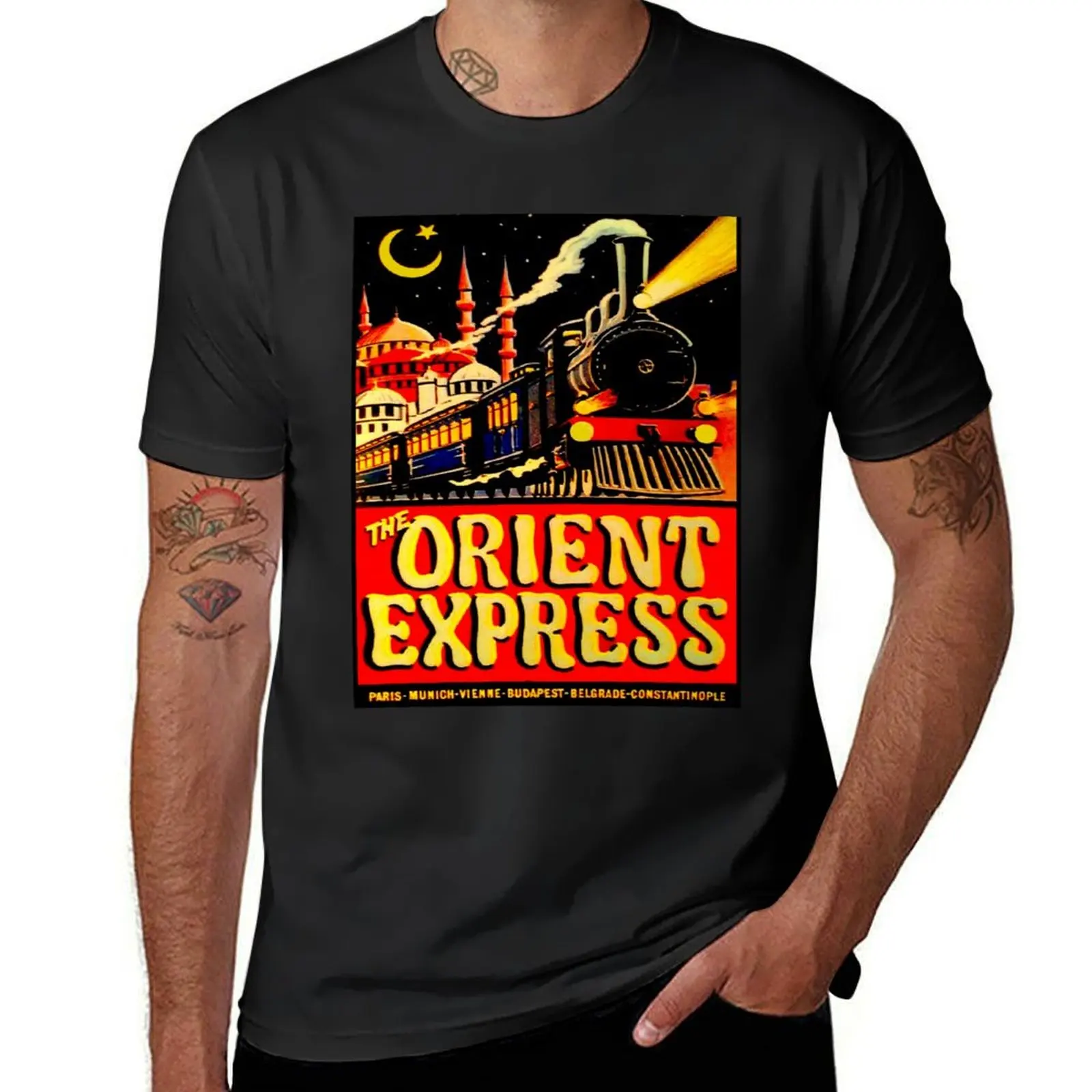 ORIENT EXPRESS: Vintage 1936 Passenger Train Advertising Print T-Shirt blacks summer tops korean fashion fitted t shirts for men