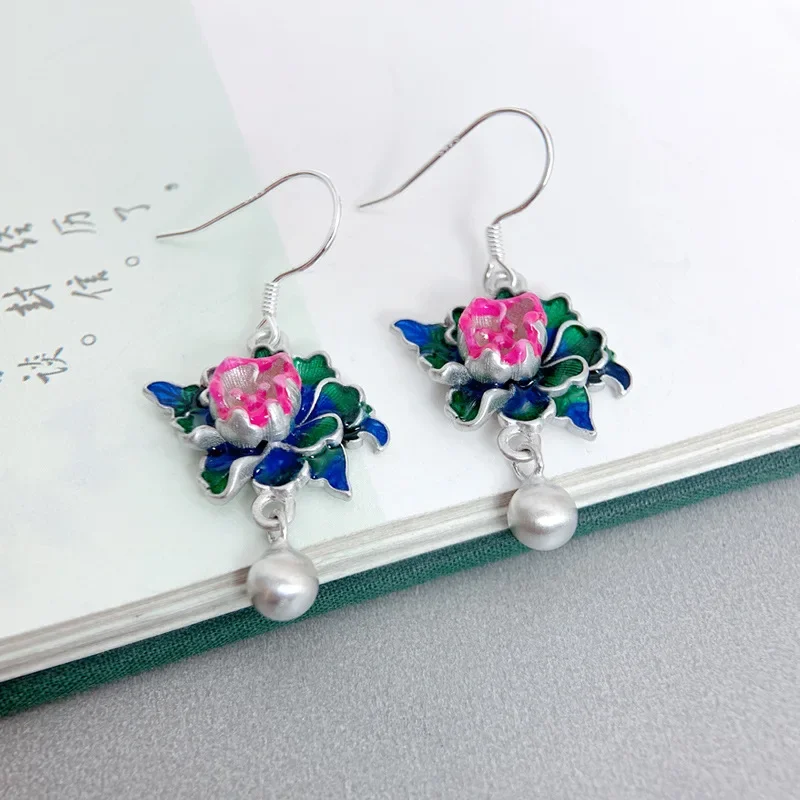 

925 Sterling Silver Enamel Ethnic Style Flower Tassel earrings Vintage Colorful Women Hanging Jewelry Wholesale EH216