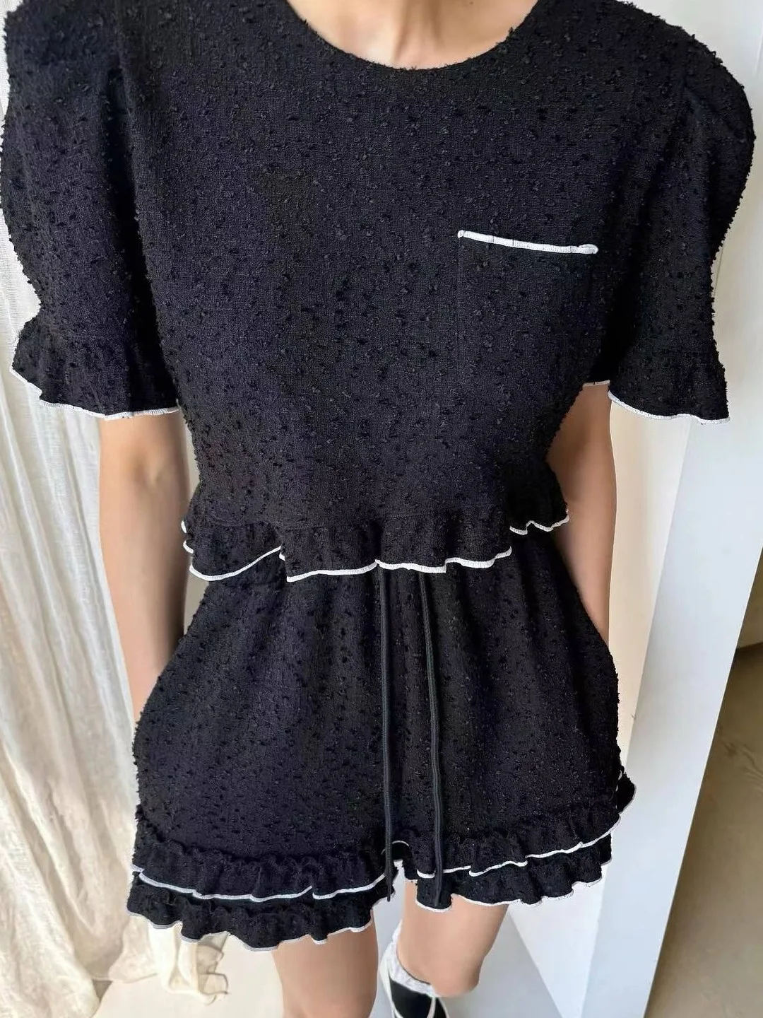 Korean Style Wood Grain  Short Casual Summer New Age Reducing High Waist Two-Piece Set Women's Fashion round Neck Bubble ...