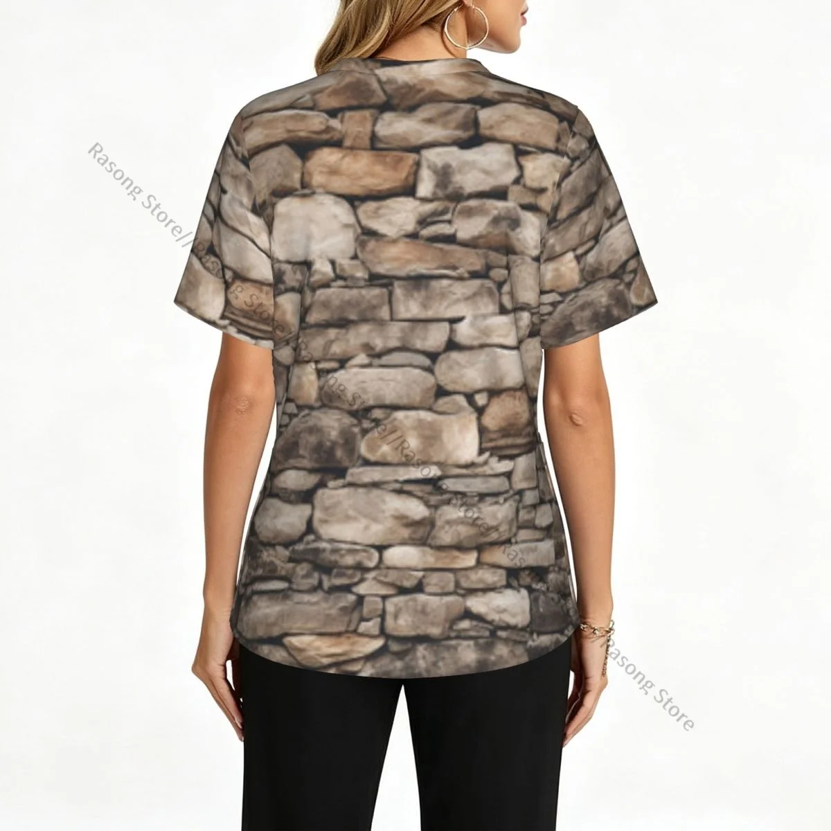 Women V Neck Scrub Top Brick Stone Wall Short Sleeve Nurse Hospital Uniforms Female Working Clothes with Pocket