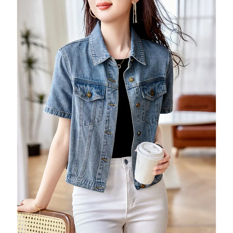 

Fashion All-Match Short Sleeve Jacket Female Korean Turndown Collar Buttons Jean Coat Denim Jackets for Women Denim Jacket Coats