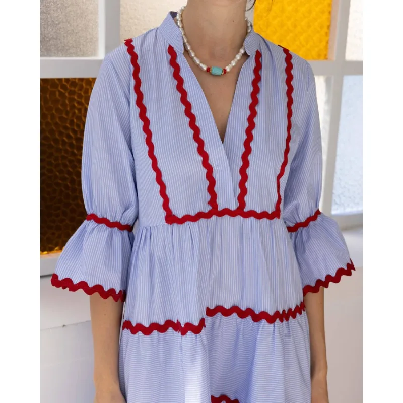 Sommer Frauen Lose Böhmischen Strand Kleid Elegante V-ausschnitt Geraffte Flowy Plissee Urlaub Urlaub Boho A-linie Langes Kleid