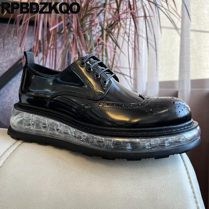 Brogue Patent Leather Oxfords Round Toe Full Grain Shoes Wingtip Casual Derby Transparent Sole Dress Lace Up Famous Men Flats