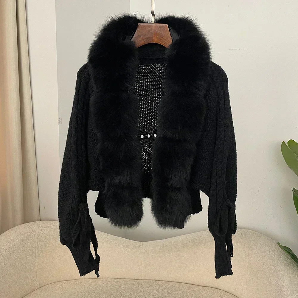 2024 Winter Neue Mode Stricken Strickjacke Knopfleiste Mantel Frauen Casual Echt Fox Pelzmantel Kurze Warme Gestrickte Jacke mit Natürlichen Pelz
