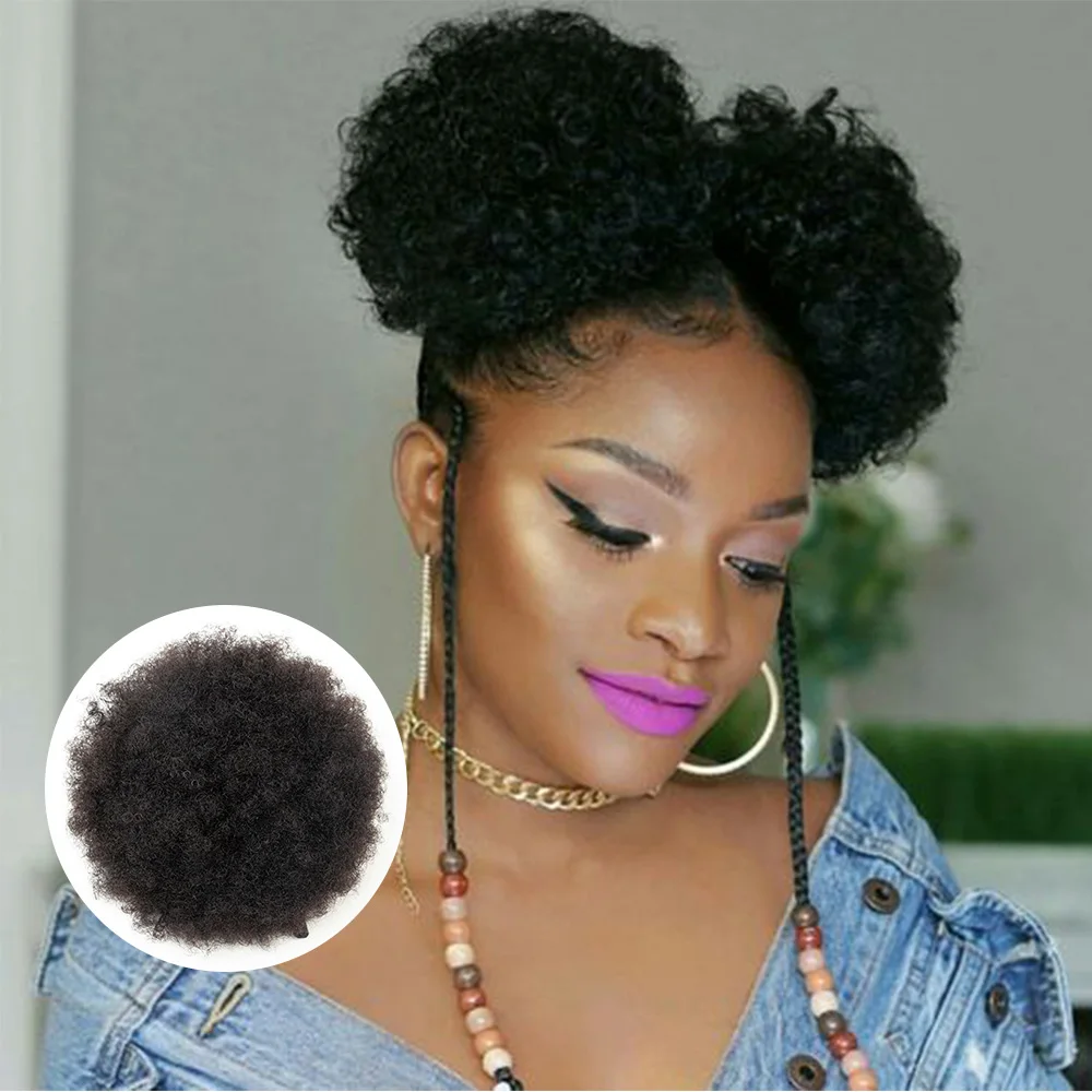 Human Hair High Puff Afro Curly Drawstring Ponytail For Black Women Short Clip In Natural Machine Made Remy Afro Kinky Pony Tail