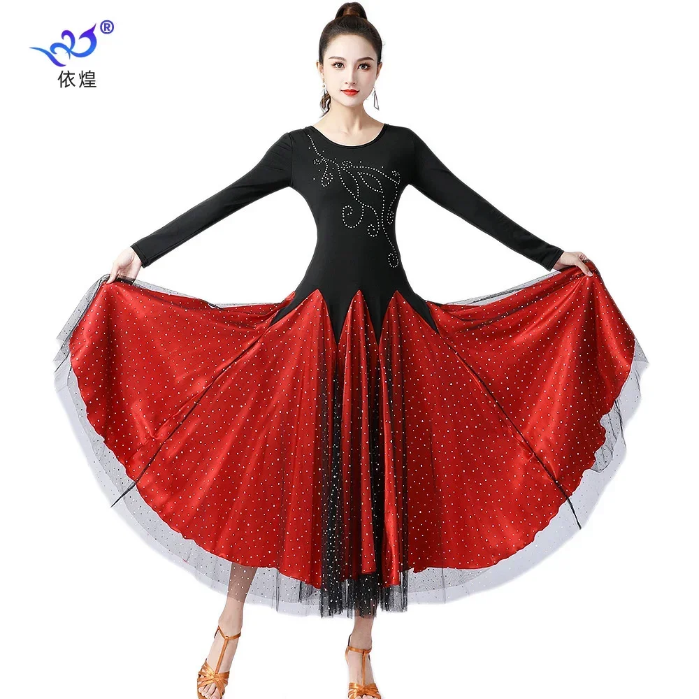 

High Quality Ballroom Dance Dress Women Performance Wear Dresses Modern Standard Tango Waltz Dress Long Sleeves