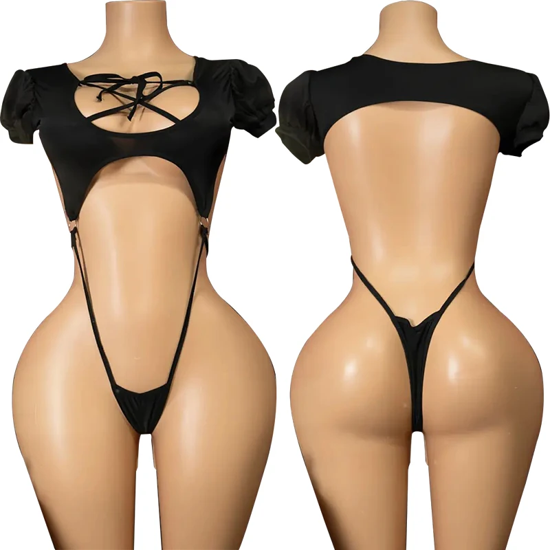 Sexy Crotchless Lingerie Women Bandage Hollow Bodysuit One Pieces Halter Neck Bodycon Rompers High Waist Puff Sleeve Jumpsuits