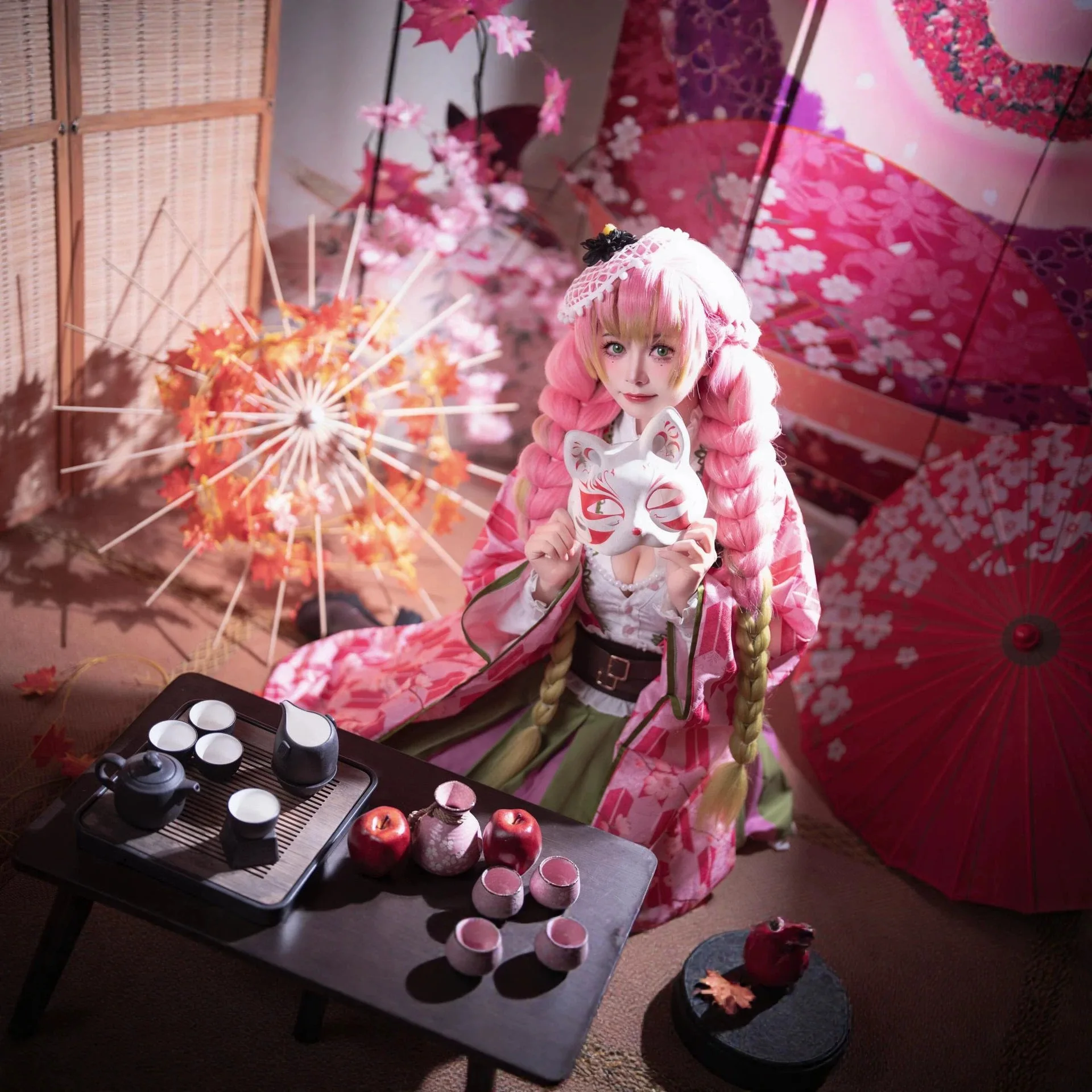 

Kanroji Mitsuri Anniversary Cosplay Full Costumes and Sets Cosplay Anime Maid Lolita Dress Halloween Carnival Outfit
