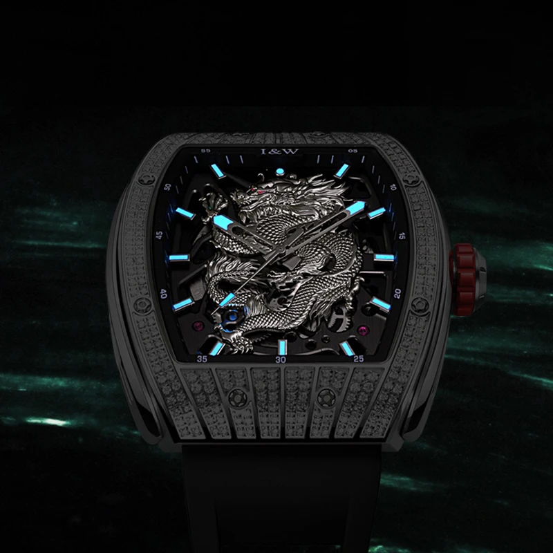I&W メンズ自動腕時計高級 47*53 ミリメートルトノー機械式腕時計ドラゴンダイヤル 50 メートル防水発光ジルコンベゼル