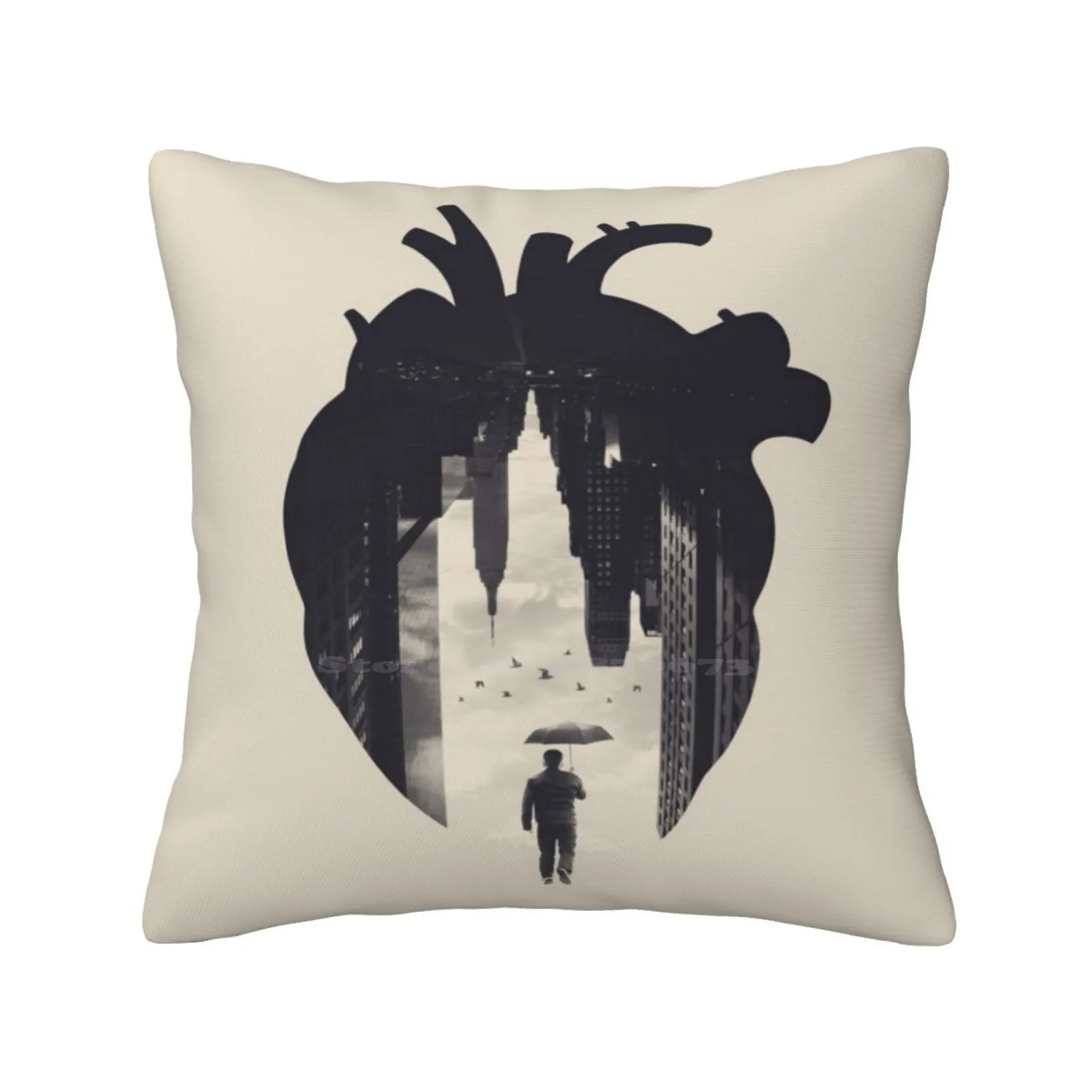 In The Heart Of The City Soft Comfortable Pillowcase Heart City Nyc Man Birds Double Exposure Surreal