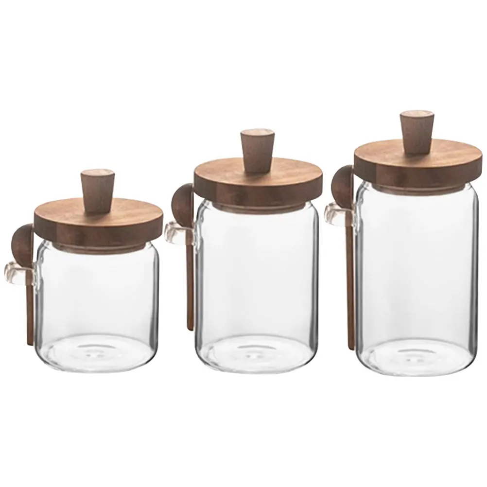 

3 Sets Glass Spice Canister Clear Jar Lid Spoon Airtight Storage Kitchen Organizer Seasoning Container Space Saving