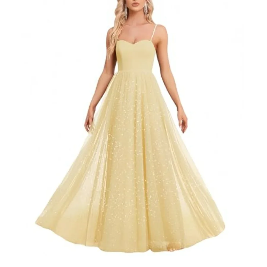 

Women's Sparkly Prom Gowns Glitter Sequin Tulle A Line Long Formal Evening Gown Dresses High Waist Maxi Party Dress