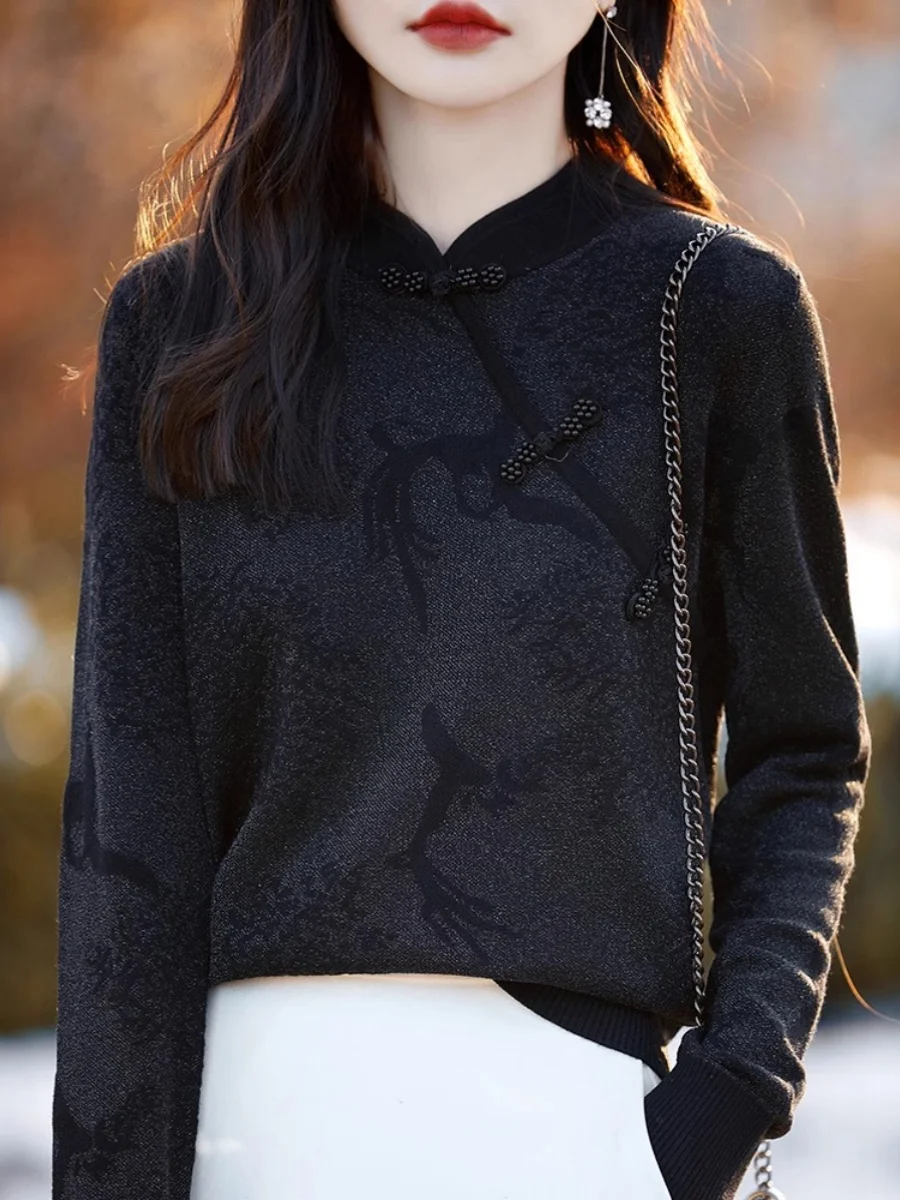 

New Chinese Sle Woolen Sweater Women's National Faion Semi-High Collar Button Knitted Lace Phoenix Pattern Top