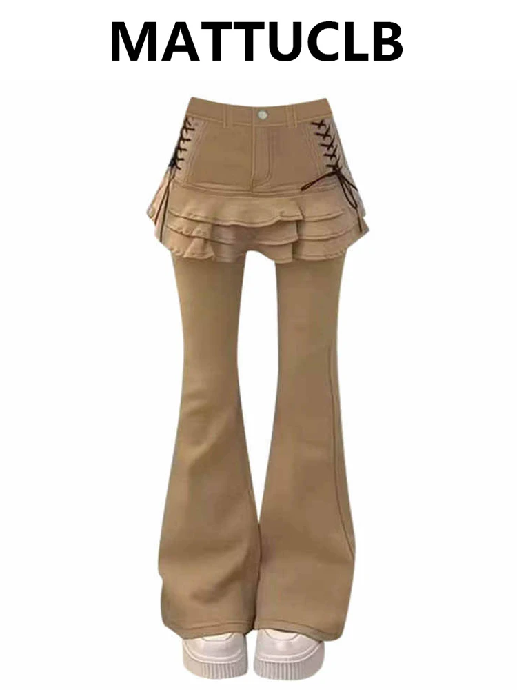 

Женские мешковатые джинсы с низкой посадкой, расклешенные джинсы из двух частей Kpop, японские дизайнерские джинсовые брюки Y2k, американские ретро джинсы-клеш