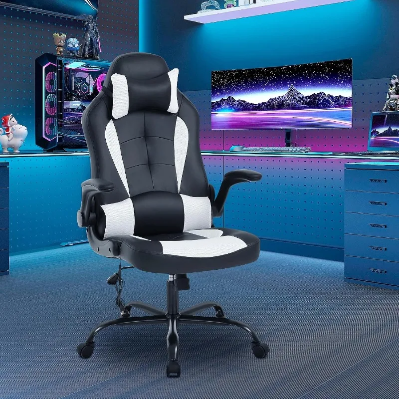 Gaming Chair Massage Office Chair Cheap Gamer Chair PU Leather Racing Chair with Rolling Swivel Wheel & Lumbar Support，Flip Up