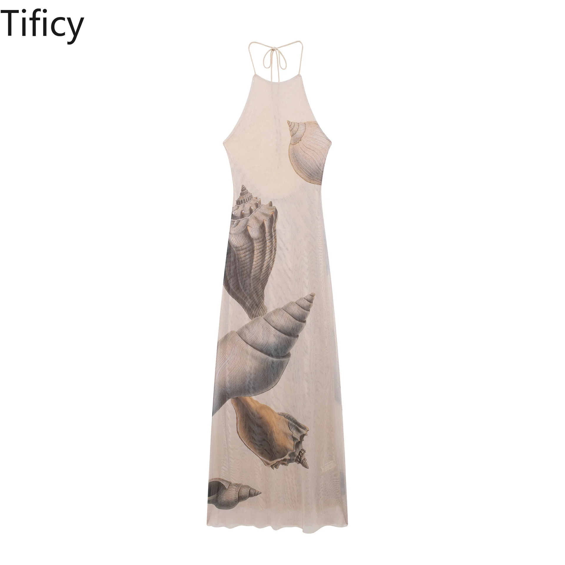 

TIFICY Fashion Elegant Summer Women's Printed Pullover Neck Tie Backless Long Slim Streetwear Dress Vestido Midi Talla Grande