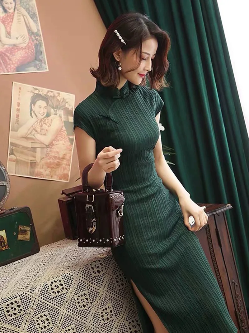 Cheongsam de algodón azul marino para mujer, vestido tradicional Vintage de alta moda, nuevo estilo chino, disfraces de espectáculo, largo medio, Qipao S2470