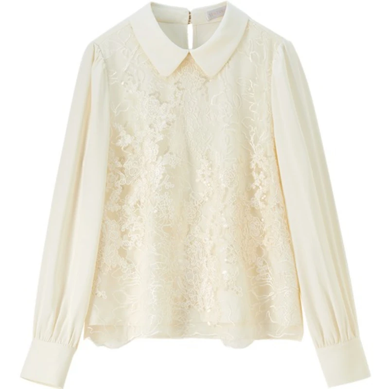 SENTUBILA Women's Bead Embroidered Blouse 2025 Autumn Turn-down Collar Wavy Edge Shirt Gentle Elegant Temperament Top 153VA2611