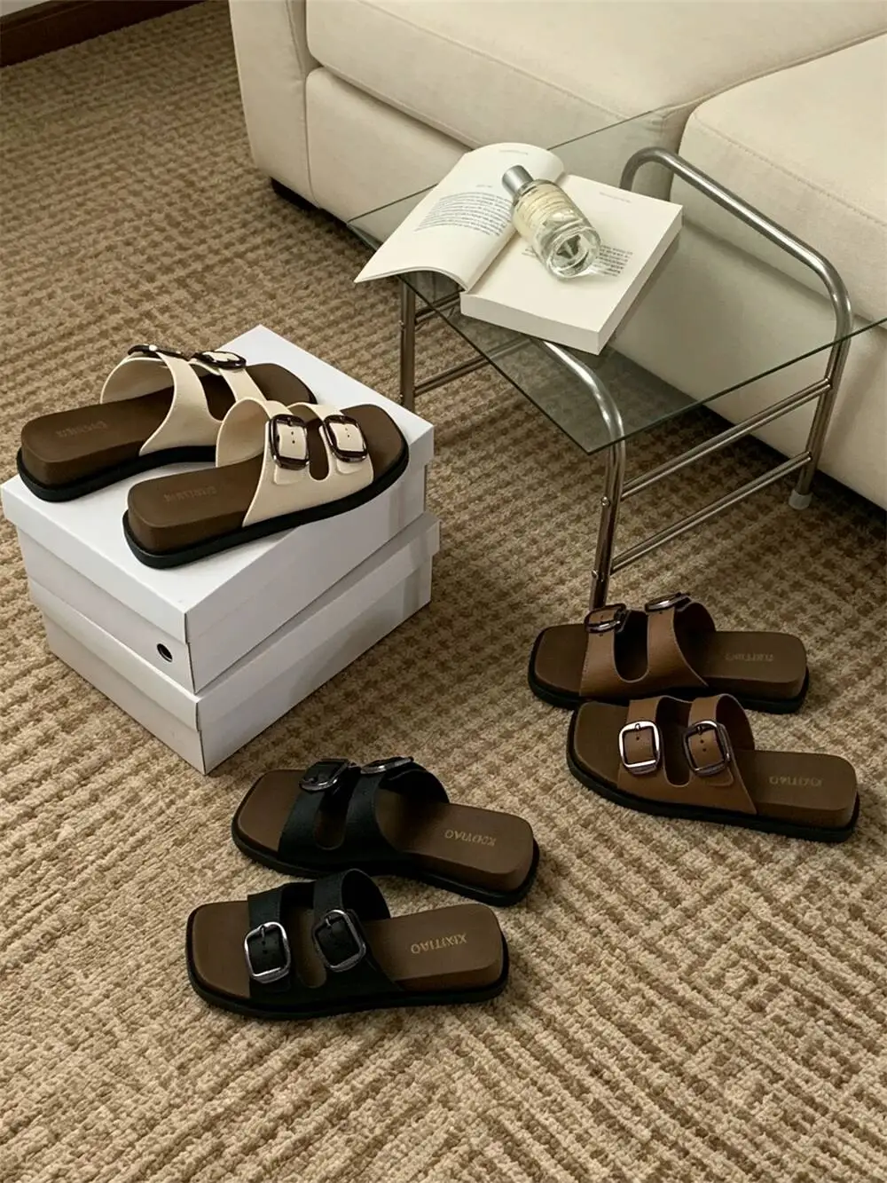 2026 Summer New Square Buckle Double Strap Slide Sandals Women Color Block Non Slip Casual Beach Resort Style Ins Daily Slippers