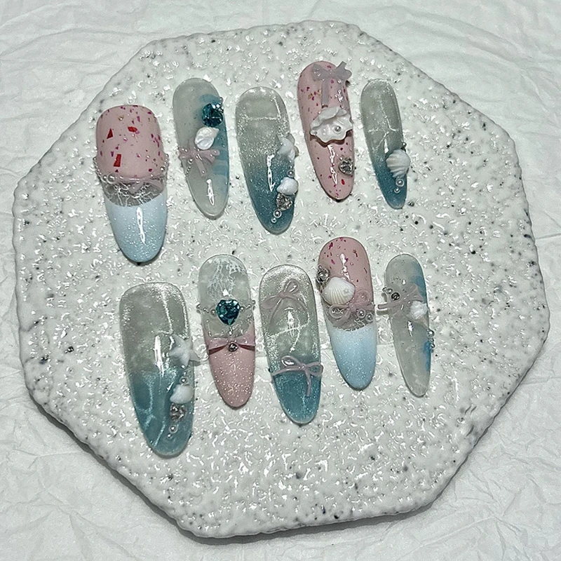 10 pezzi estate oceano acqua ondulazione francese fatto a mano stampa sulle unghie rosa blu carino fiocco 3D glitter unghie finte rimovibili riutilizzabili