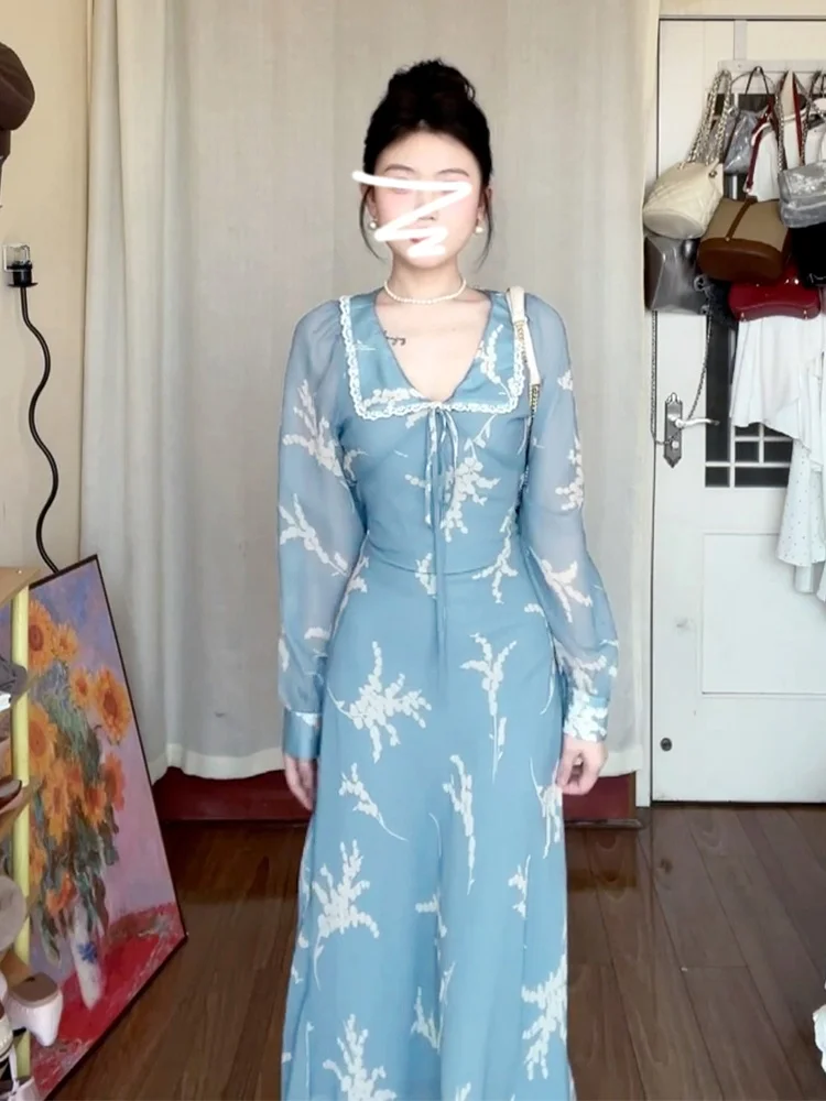 Colar de boneca longo floral azul Dr feminino primavera outono novo Sle Ele High-End Long Dr Sweet japonês Sle A-...