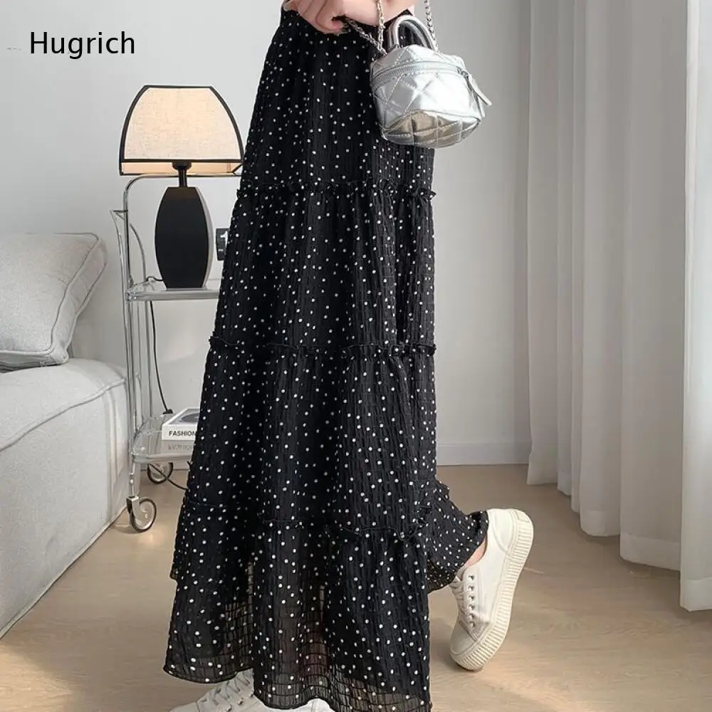 

Women Black Polka Dot Tiered Maxi Skirt High Waist A Line Flowy Long Skirt for Casual Wear