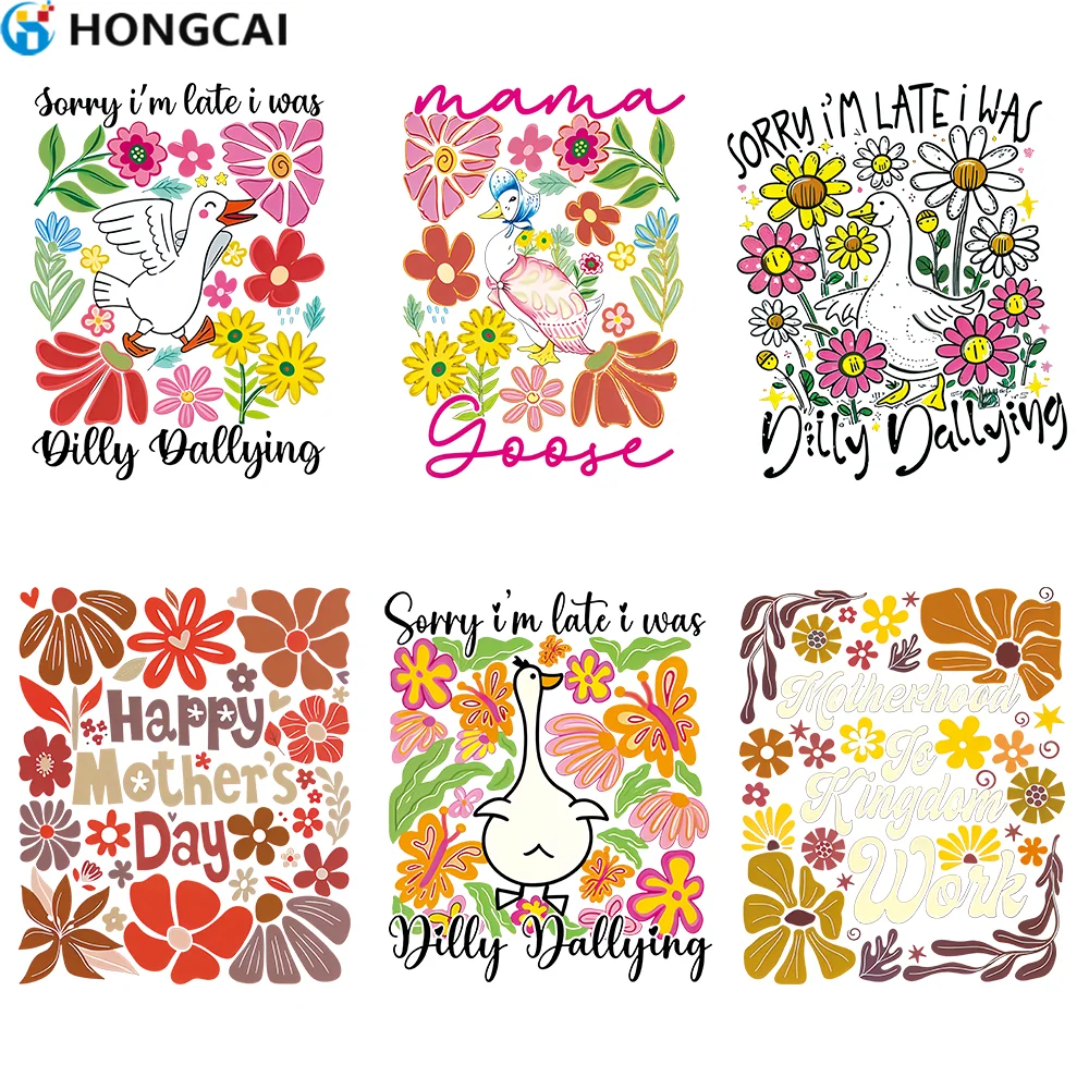6-teiliges Muttertags-DTF-Wärmeübertragungsaufkleber-Set für Mama |   Blumen- und Enten-Motiv Spaßige Transferaufkleber für DIY-Kleidung und Taschen