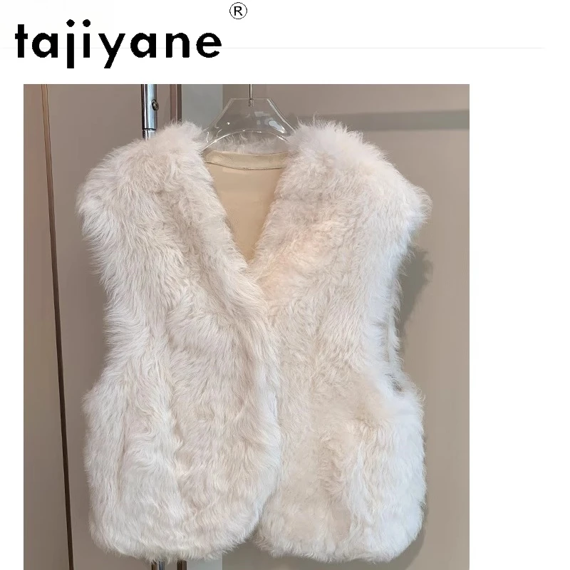 سترة من TAJIYANE 100% من صوف توسكانا الطبيعي من جلد الغنم مزدوجة الوجه سترة نسائية أنيقة بدون أكمام سترات من الفرو الحقيقي ملابس شتوية 2025 شوروبا