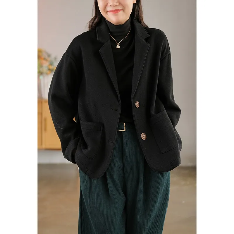 2023 Autumn Winter New Arts Style Women Single Breasted Loose Casual Blazers Double Pockets Vintage Woolen Basic Blazer  P235