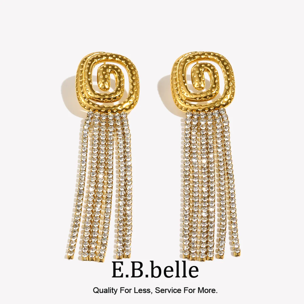 E.B.belle18K Gold Plated Luxury Vortex Full Rhinestone Tassel Earring For Women Girls Party Stainless Steel Jewelry