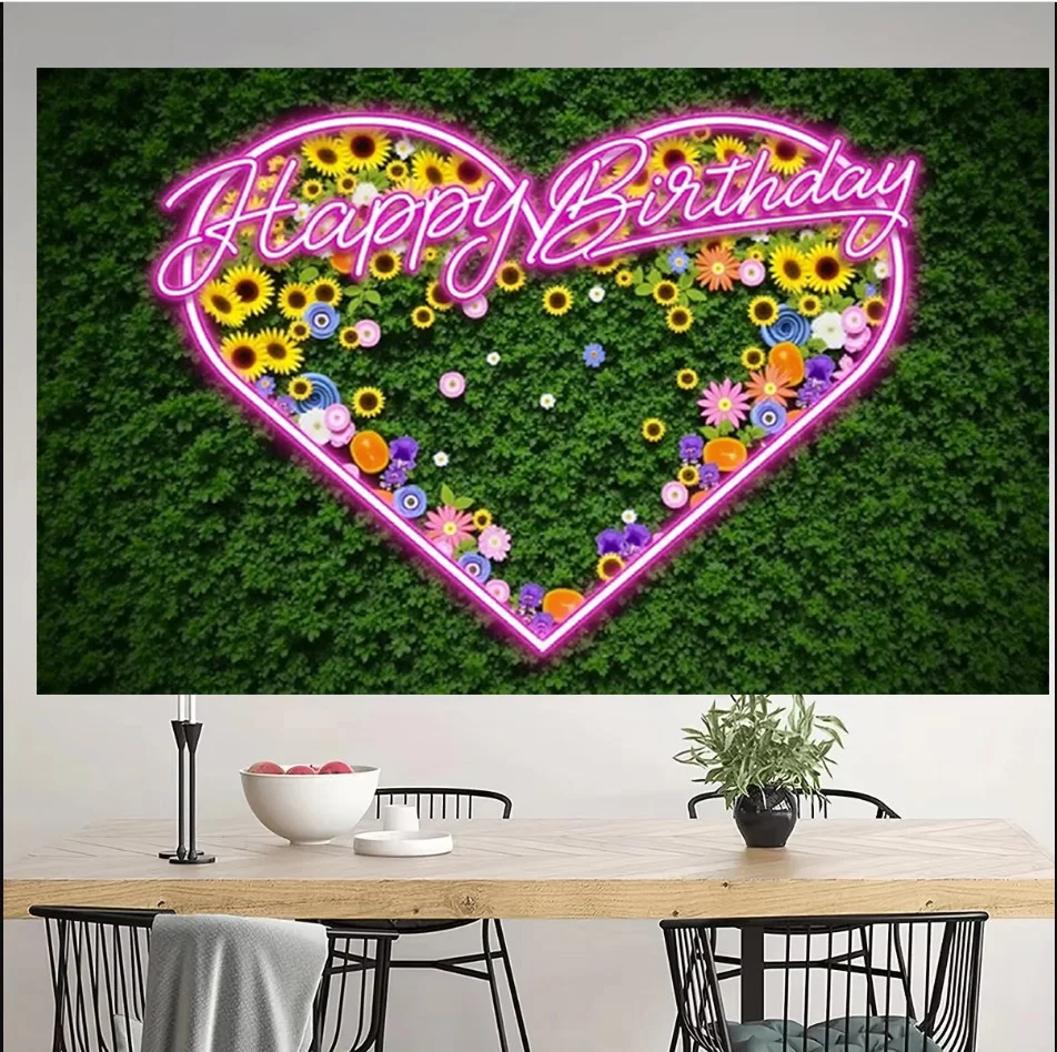 Neon Floral Pink Heart Theme Happy Birthday Cake Neon Glow in The Dark Party Photography Girl Background Wall Supplies 180x110cm