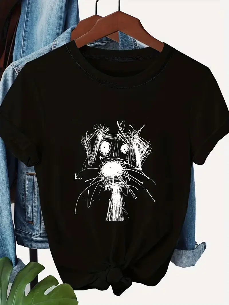 1pc Messy Scribble Dog Graphic T-Shirt, Minimalist Black Sketch Puppy Print Casual Soft Short Sleeve Unisex Top for Dog Lovers
