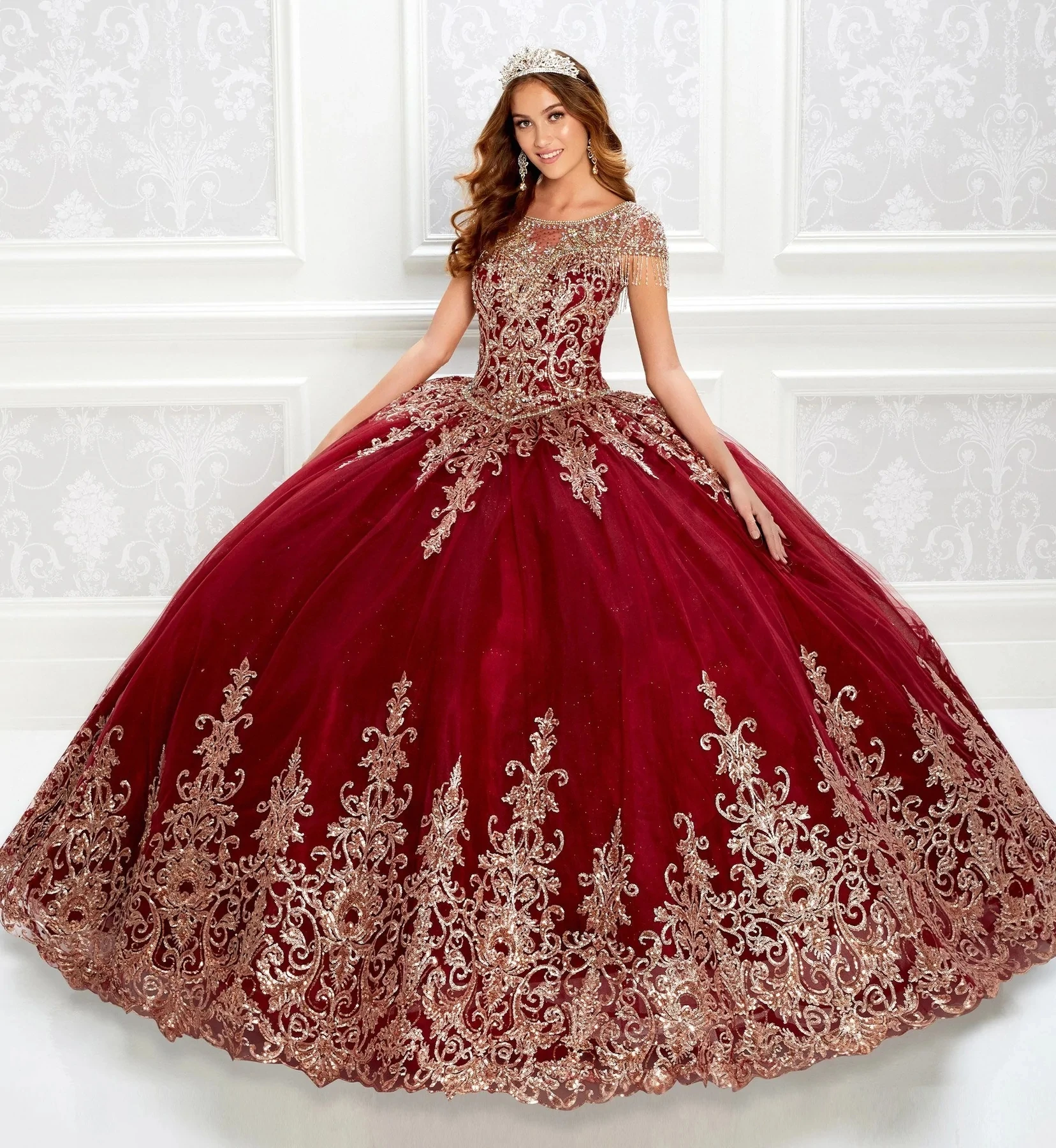 Burgundy Charro Quinceanera Dresses Ball Gown Cap Sleeves Tulle Appliques Puffy Mexican Sweet 16 Dresses 15 Anos Customized