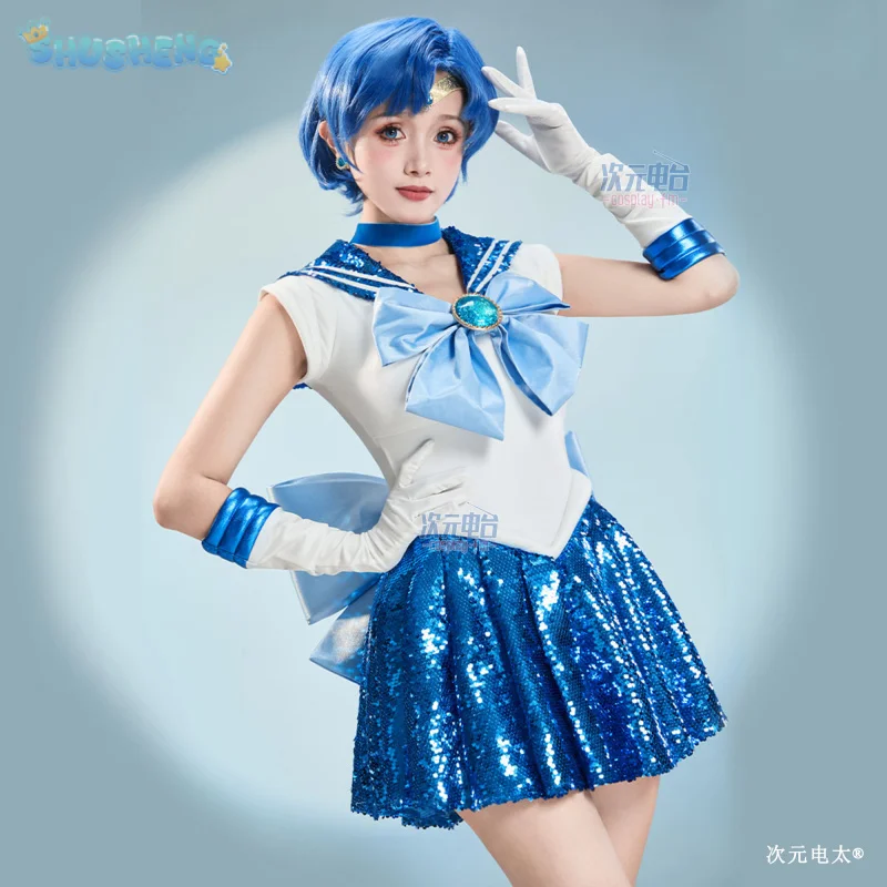 

Mizuno Ami Sailor Mercury Cosplay Costume Anime Moon New Sweet JK Uniform Top Skirt Headwear, Gloves Halloween Christmas Suit