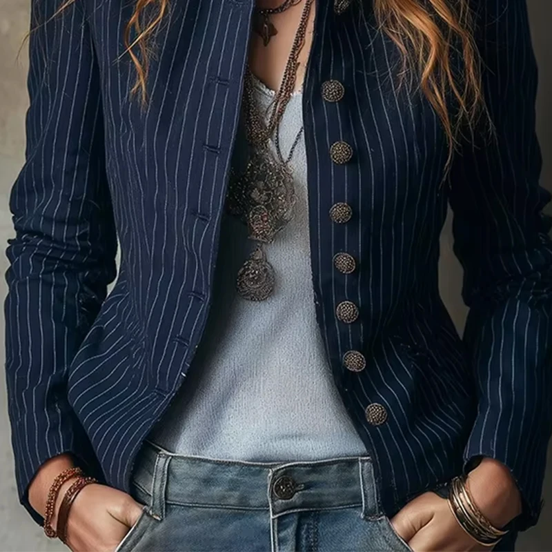 Giacca a righe slim fit stile americano Capispalla Lady Autunno Moda Elegante colletto alla coreana Cappotto monopetto per donna Top