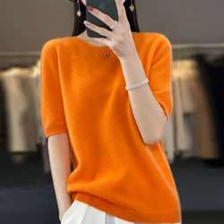 Women's Wool Seamless Round Neck Pullover Sweater With Short Sleeves Korean Fashion Beautiful And Knitted Basic Warm Top