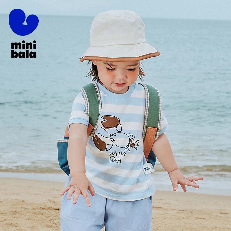 

Mini Bala Baby Boys Short Sleeve T-Shirt Summer Anti Bacterial Cooling Tee Striped Soft Comfortable Cotton Casual Top
