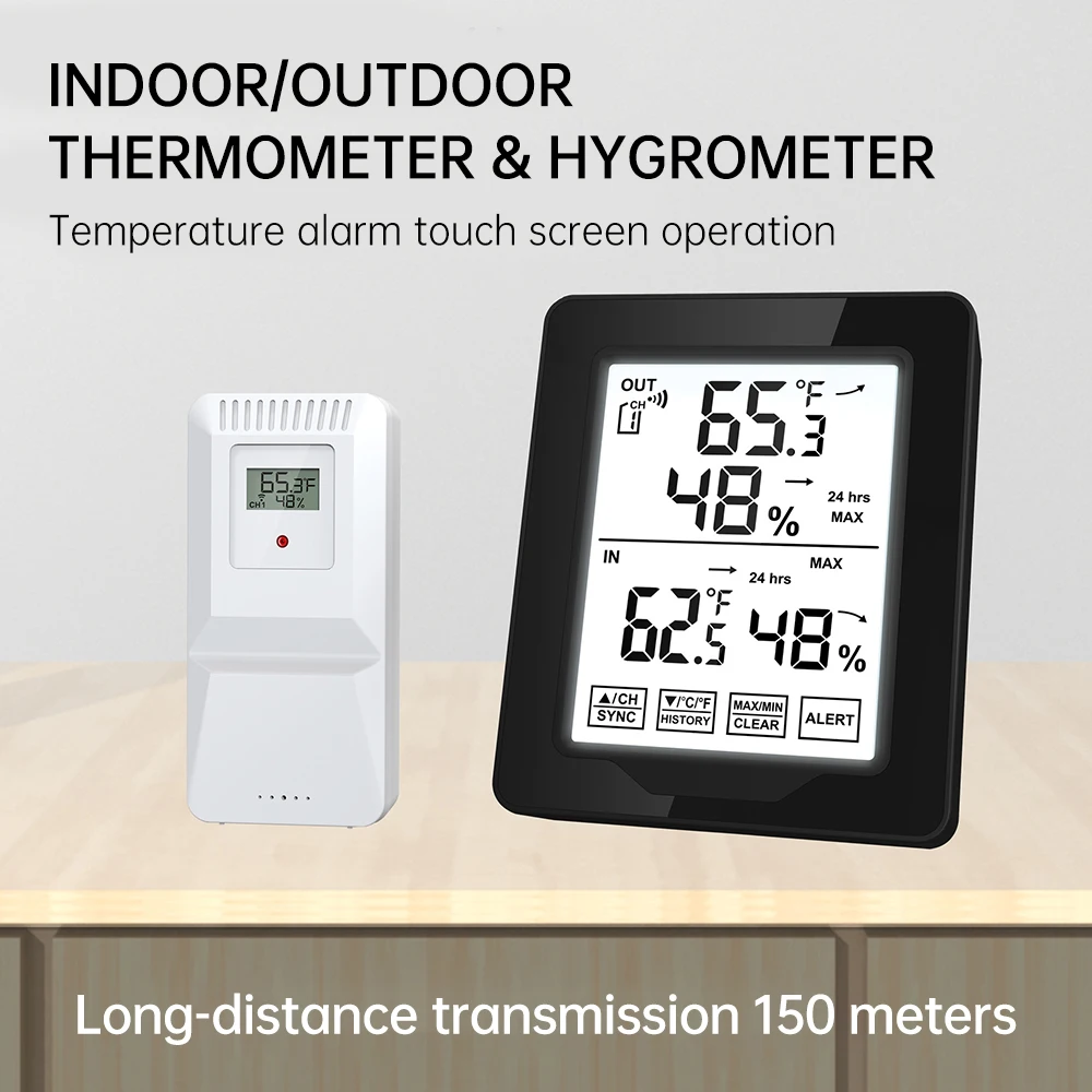 Indoor Outdoor Temperature Humidity Meter Kit High Low Temperature Alarm Backlight Display 150m Wireless Sensor